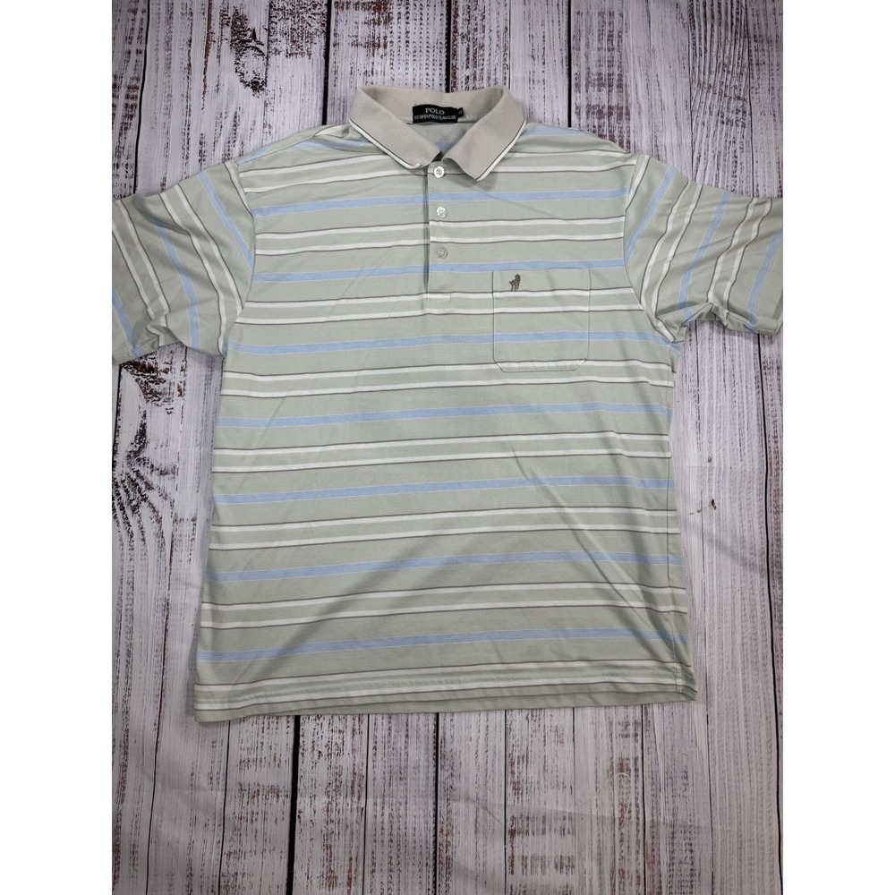 US Open Polo Shirt Mens XL Beige Striped Golf Button Collar Performance Preppy‎